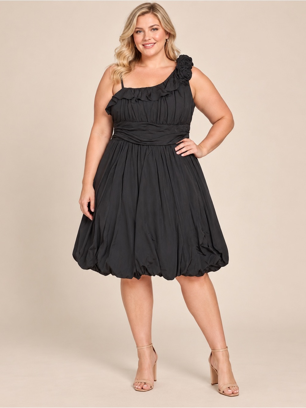 Speechless Black 1X One Shoulder Cocktail Dress Ruffle Rosette Bubble Hem Formal
